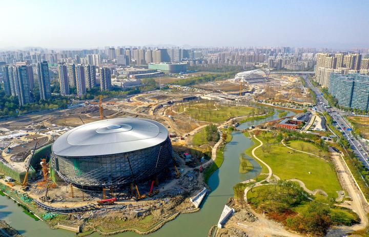 杭州:大运河亚运公园建设进度逾七成 绿化景观轮廓初现